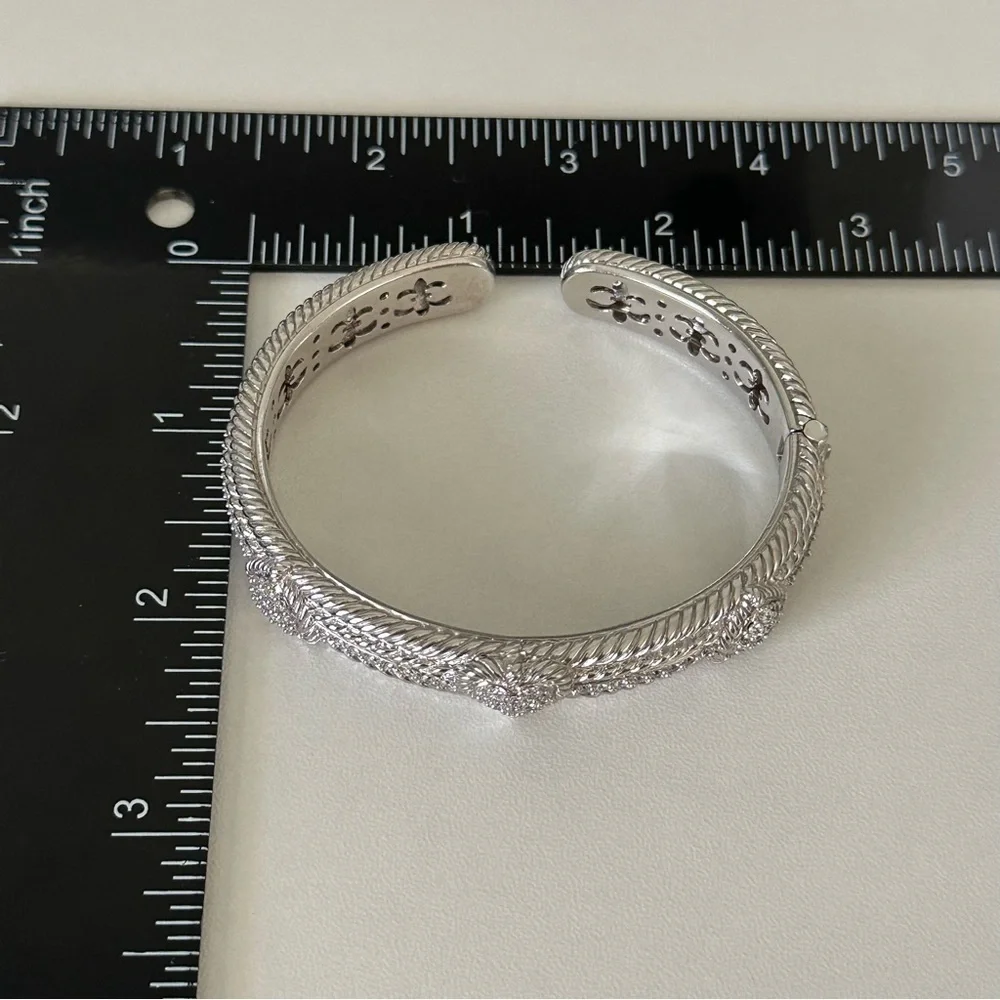 Judith Ripka Clear CZ Triple Heart Diamonique Heavy Silver Cuff Bracelet